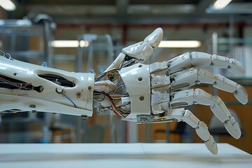Poster - Robotic arm with exposed wires and intricate mechanics is reaching out, showcasing advanced technology in a blurred laboratory background
