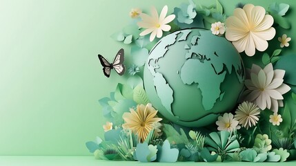 Wall Mural - vibrant green earth globe with papercut flowers and butterflies floating gently around set against a