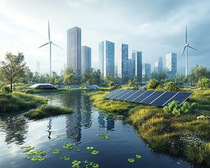 Poster - A futuristic vision of sustainable energy solutions in a thriving ecosystem, showcasing innovative ecofriendly technologies for a greener future