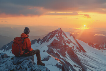 A man who hikers enjoy a break look at the top of the mountain at sunset adventure travel.