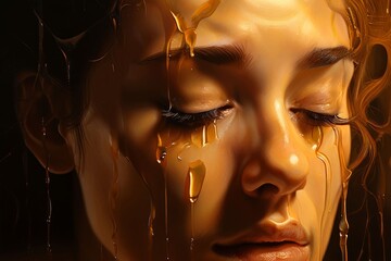 Wall Mural - golden tears a warm glass like portrait of a womans face with so