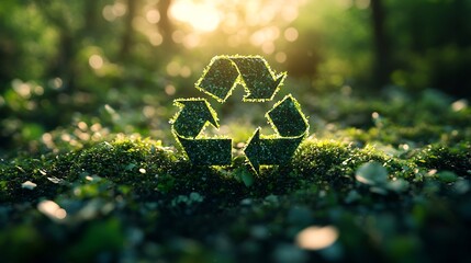 Poster - Vibrant green recycle symbol on a blurred green bokeh background symbolizing environmental sustainability the importance of recycling and saving the planet for World Earth Day