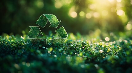 Poster - Vibrant green recycle symbol on a blurred green bokeh background symbolizing environmental sustainability the importance of recycling and saving the planet for World Earth Day