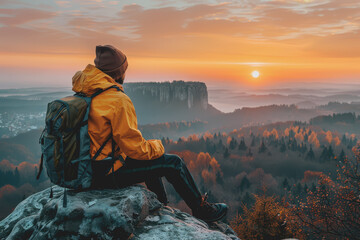 A man who hikers enjoy a break look at the top of the mountain at sunset adventure travel.