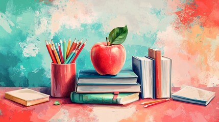Poster - Vibrant illustration for Teacher's Day featuring school supplies like books pencils and an apple arranged artistically with a backdrop of a classroom to symbolize education and gratitude