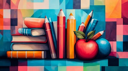 Poster - Vibrant illustration for Teacher's Day featuring school supplies like books pencils and an apple arranged artistically with a backdrop of a classroom to symbolize education and gratitude