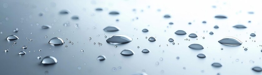 Poster - Close-up of sparkling water droplets on a smooth surface, reflecting light beautifully in a serene and tranquil setting.