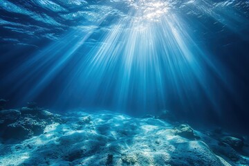 Canvas Print - Breathtaking underwater scene showcasing sun rays piercing through crystal-clear water, illuminating colorful marine life and vibrant coral reefs.