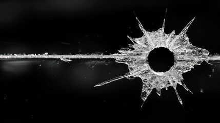 Poster - A striking close-up of a bullet hole revealing intricate ice-like patterns around the impact area, symbolizing destruction and fragility.