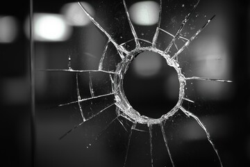 Close-up view of a shattered glass window with a bullet hole, showcasing the intricate patterns of cracks radiating from the center.