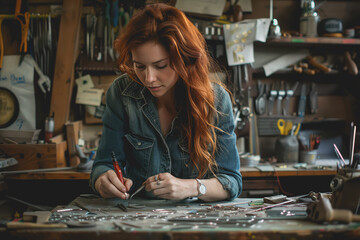 A woman making jewelry in her office filled with tools.