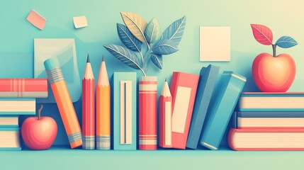 Poster - Vibrant illustration for Teacher's Day featuring school supplies like books pencils and an apple arranged artistically with a backdrop of a classroom to symbolize education and gratitude