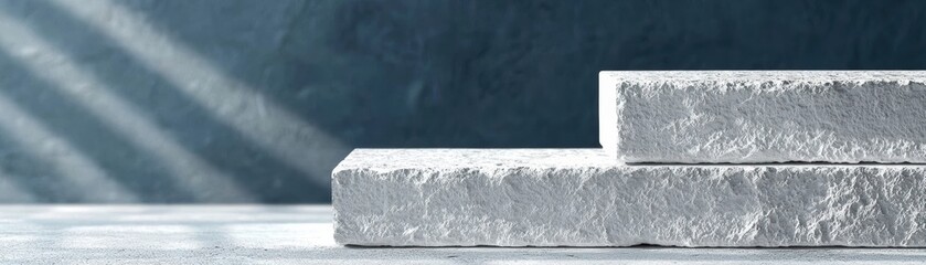 Poster - Close-up of three textured white blocks stacked on a surface, showcasing minimalistic design and modern aesthetics in a spacious environment.