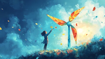 Poster - Vibrant illustration of a person lifting a colorful paper wind turbine into the air against a bright blue sky symbolizing clean energy reducing carbon emissions and celebrating World Earth Day
