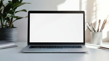 Poster - Laptop on a White Desk with a Plant