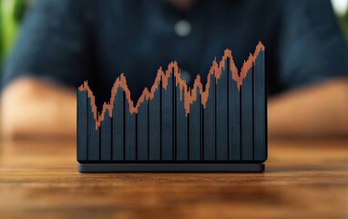 Poster - Abstract financial graph showing fluctuating data trends on a wooden table, evoking business growth and analytics in a modern workspace.