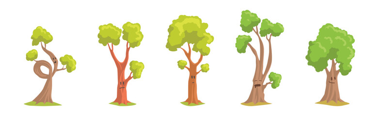Poster - Cute Tree Character with Trunk and Green Crown Have Face Vector Set