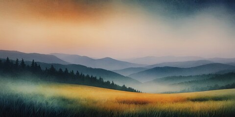 Poster - A beautiful mountain range with a foggy sky and a field of grass