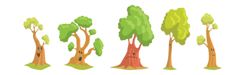 Poster - Cute Tree Character with Trunk and Green Crown Have Face Vector Set