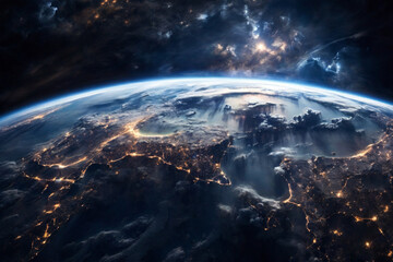 Stunning Panoramic View of Earth from Space: Glowing City Lights and Wispy Clouds in a Night Sky.