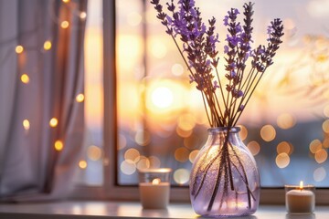 Bouquet of lavender flowers standing in vase on windowsill at sunset with burning candles creating romantic atmosphere