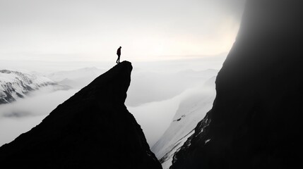 Poster - A lone hiker stands on a rocky outcrop overlooking a breathtaking snowy mountain landscape during twilight