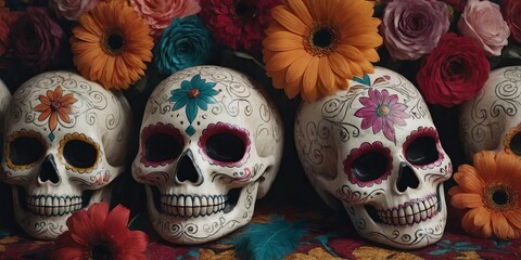 Poster - Three skulls with flowers painted on them are arranged on a table