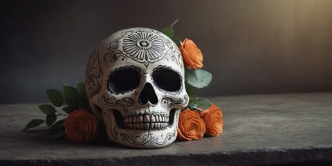 Poster - A skull with flowers on top of it