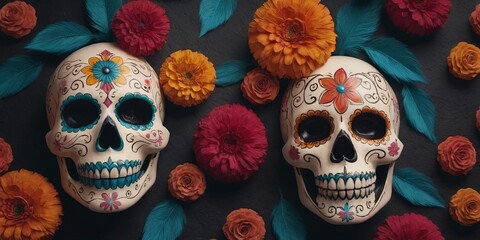 Poster - Two skulls with flowers and leaves surrounding them