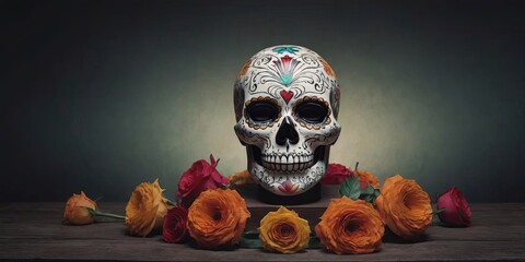 Poster - A skull with flowers and leaves on a table