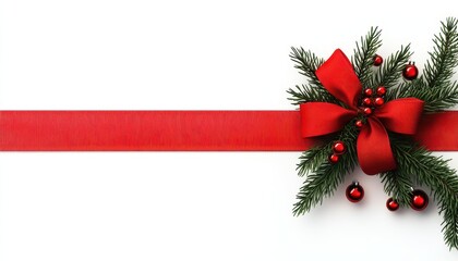 A red ribbon with festive decorations against a clean white background for Christmas