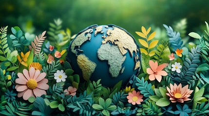 Poster - Vibrant paper cutout globe surrounded by flourishing trees and plants celebrating Earth Day with a message of protecting nature and environmental conservation Ecologyfocused background template