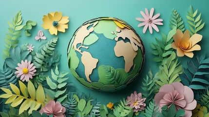 Poster - Vibrant paper cutout globe surrounded by flourishing trees and plants celebrating Earth Day with a message of protecting nature and environmental conservation Ecologyfocused background template
