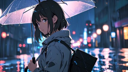 Wall Mural - beautiful anime woman carrying an umbrella in the rain.