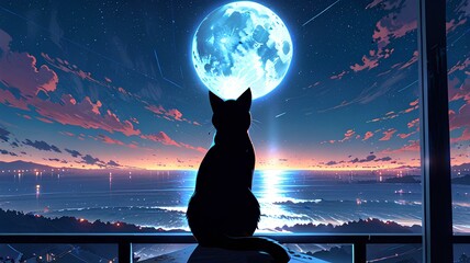 Black cat looking at the scene moon illustration.