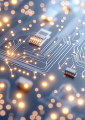 Poster - Close-Up Macro of Technology Circuit Board with Glowing Lights - Blurred Background for Modern Tech Concept