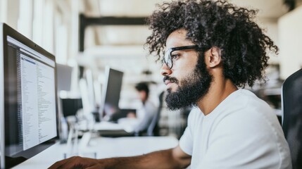 Poster - Focused Young Male Software Engineer Working on Desktop Computer in Modern Office Environment