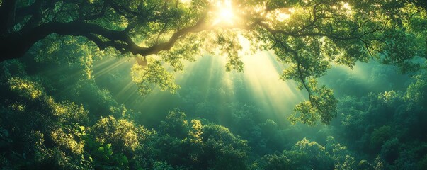  A picturesque view of sunlight filtering through the canopy of green treetops, accentuated by magical lens flare in nature photography
