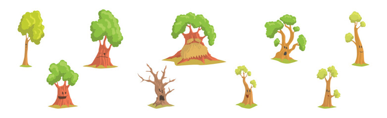 Poster - Cute Tree Character with Trunk and Green Crown Have Face Vector Set