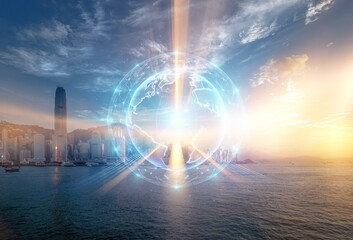 Aufkleber - A digital rendering of a glowing Earth over a city skyline, with a sunrise or sunset backdrop.