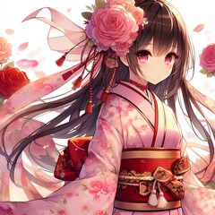 Wall Mural - anime of a japanese girl in rose flower japanese kimono.