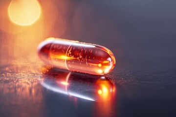 A close-up view of a pill sitting on a table