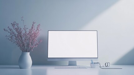 Poster - Minimalist Workspace with Computer and Flowers