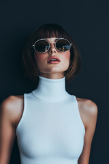 Model Wearing Stylish Sunglasses and a Sleeveless Turtleneck Top Poses Against a Dark Background in a Contemporary Fashion Shoot