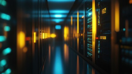 Poster - blurred interior of a modern data center with rows of server equipment illuminated by blue and yello