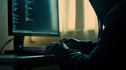 Poster - Mysterious Hacker Silhouette Working on Computer