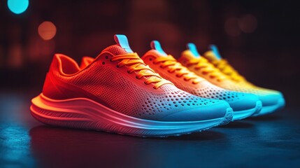 Two pairs of sporty sneakers with orange and yellow accents, lit by neon lights.