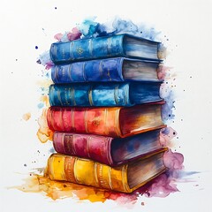 Poster - Vibrant watercolor painting of a stack of books with flowing abstract details on a minimalist white background capturing the creative spirit of World Book Day in a dreamy artistic style