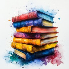 Poster - Vibrant watercolor painting of a stack of books with flowing abstract details on a minimalist white background capturing the creative spirit of World Book Day in a dreamy artistic style