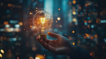 Poster - businessman holding creative light bulb with growth graph, analytics icons. utilizing analytics tech